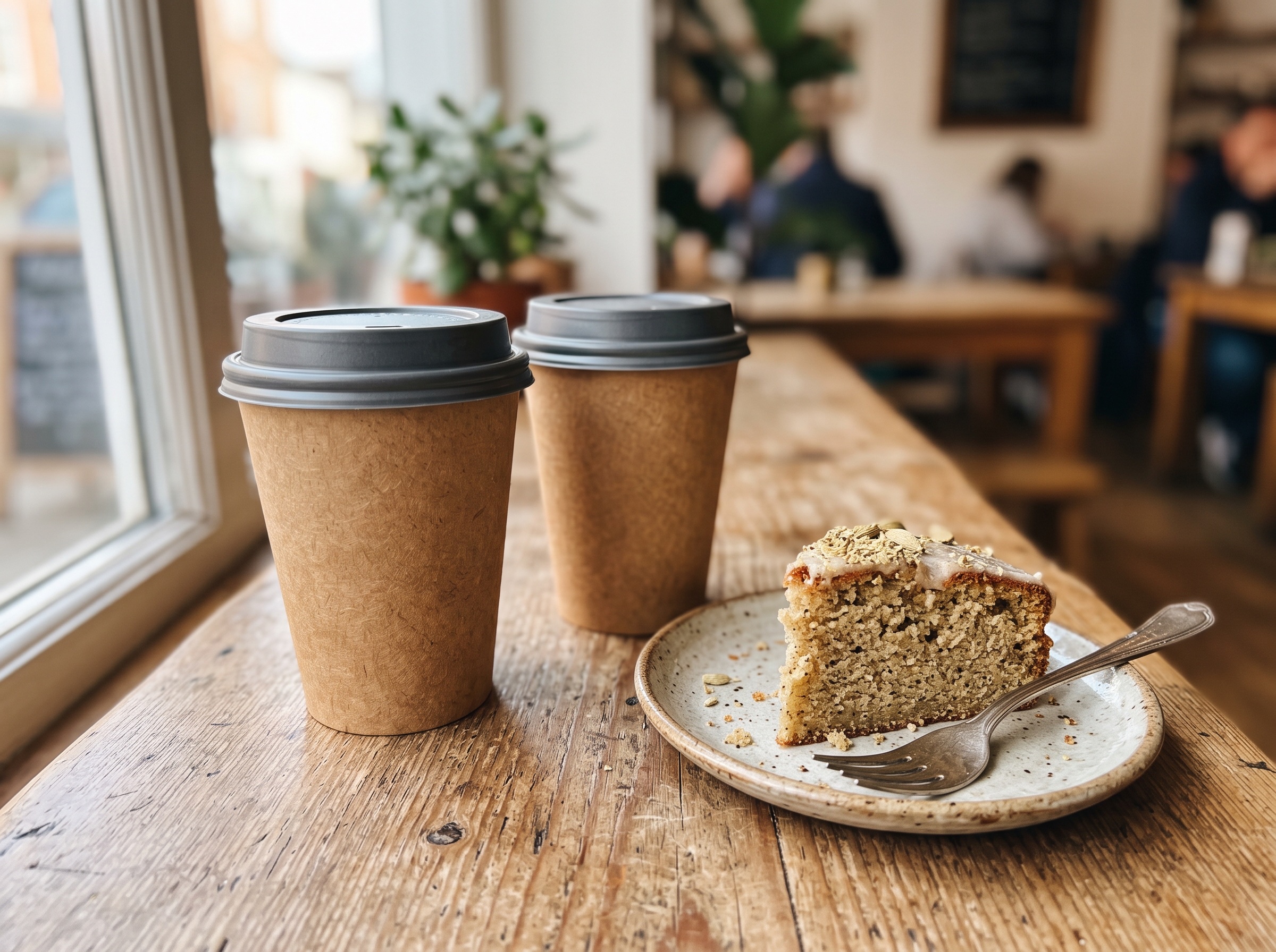Två take away-koppar och en bit kardemummakaka på ett cafébord