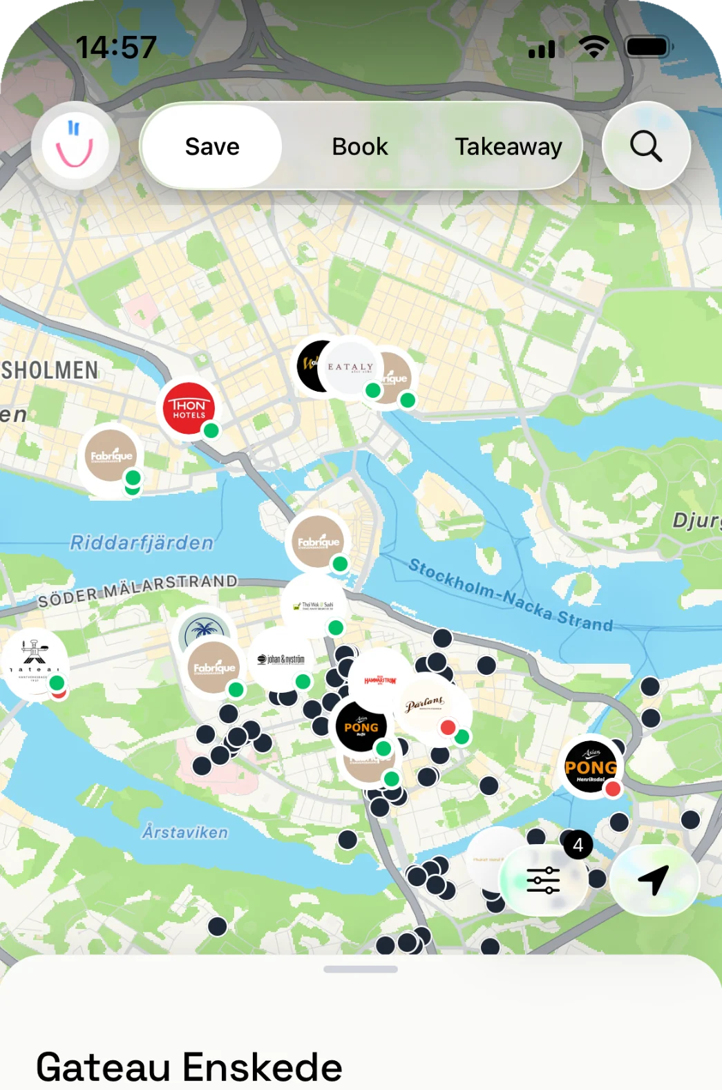 The map in the Karma app with places in Stockholm and the Save, Book and Takeaway tabs