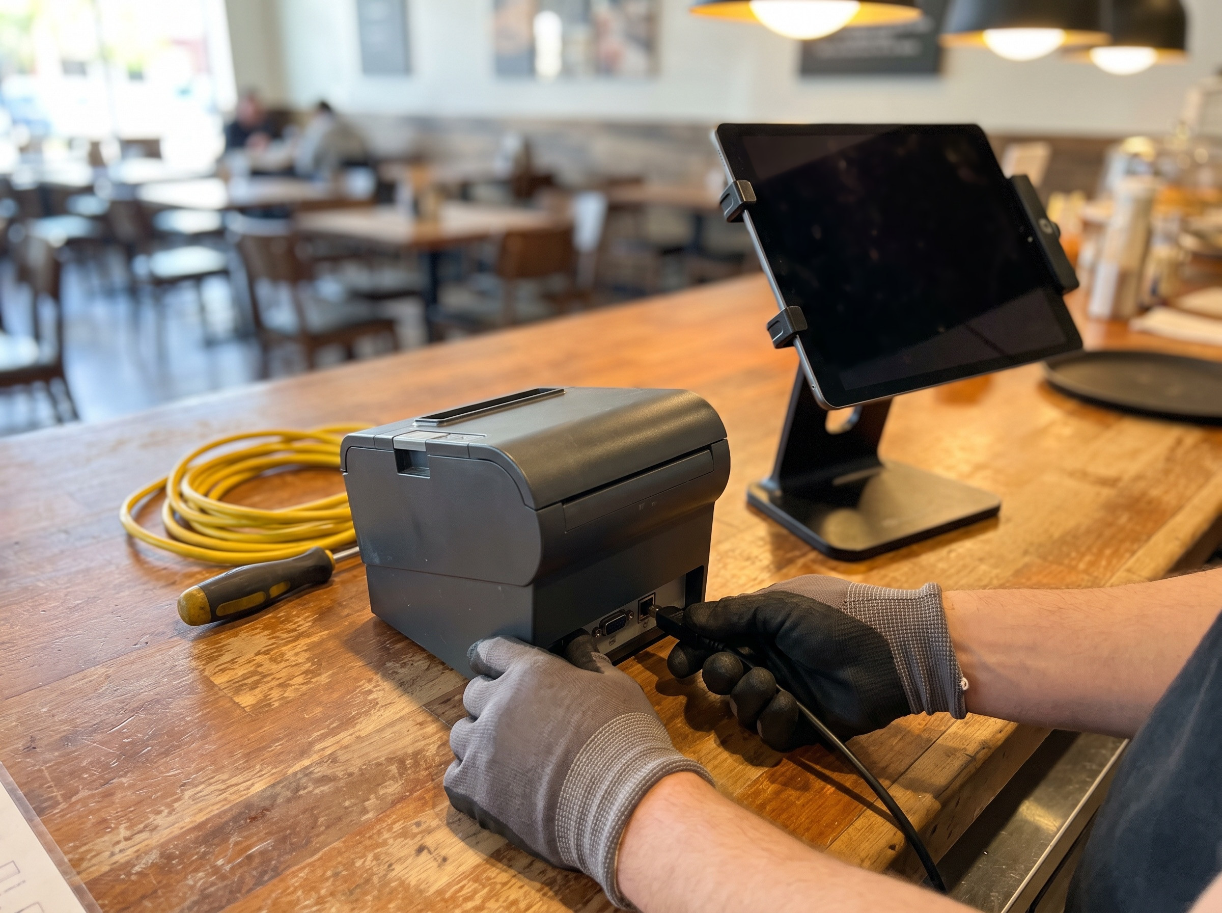 A technician connecting the kitchen printer at the counter, with the tablet on its stand beside it